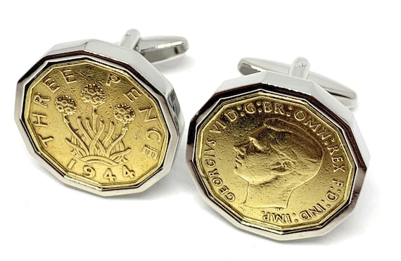 1944 Threepence 3d 80th birthday Cufflinks - Original 1944 threepence coin cufflinks 80th Thinking Of You, Mum, Dad SLV