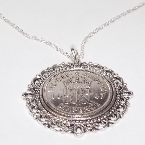 Fancy Pendant 1947 Lucky sixpence 77th Birthday plus a Sterling Silver 18in Chain 77th birthday gift for her, Thinking Of You, Mum, Dad