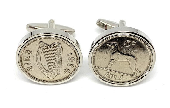 1950 Irish coin cufflinks- Great gift idea. Genuine Irish 6d Sixpence coin cufflink 74th Birthday for Him Thinking Of You,  Special Friend