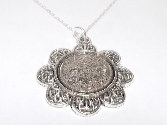Floral Pendant 1957 Lucky sixpence 66th Birthday plus a Sterling Silver 18in Chain 66th birthday gift for her Thinking Of You, Mum Dad