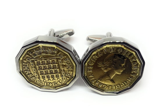 1964 Threepence coin cufflinks- Great coin gift idea. Genuine British 3d Threepence coin cufflink 1964 , Thinking Of You, Mum Dad, HT SLV