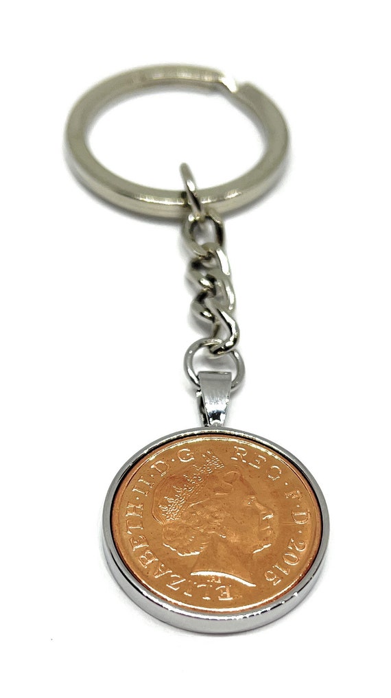 Anniversary 10th Tin Solid Keyring - Tin 1p coin from 2015 - Great Anniversary Gift for a Tin Wedding 10th wedding gift SLV