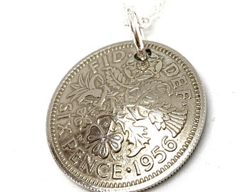 1956 Sixpence Domed Coin 70th Birthday Gift: Sterling Silver Chain