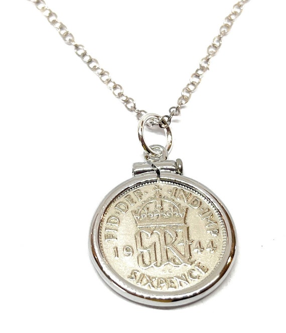 1944 80th Birthday /gifts for women Anniversary sixpence coin Solid Cinch pendant plus 18inch SS chain gift 80th birthday gift for her
