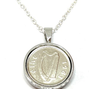 Ciondolo con moneta da tre penny irlandese del 1963 - Regalo per il 62° compleanno con catena in argento sterling