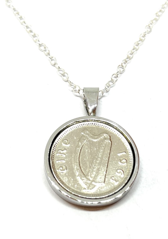 1963 61st Birthday / Anniversary Irish Threepence coin Solid pendant plus 18inch SS chain gift 61st birthday gift for her SLV