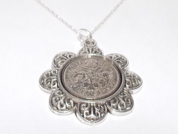 Floral Pendant 1957 Lucky sixpence 67th Birthday plus a Sterling Silver 22in Chain 67th birthday gift for her Thinking Of You, Mum Dad