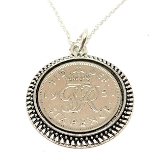 1945 Sixpence Pendant: 80th Birthday Gift, Sterling Silver Chain