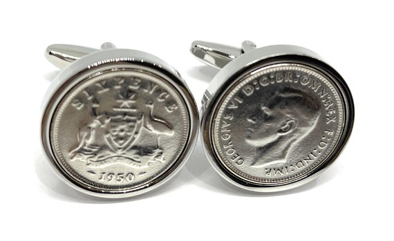 Luxury 1950 Australian Sixpence Cufflinks for a 75th birthday.  Original Australian 1950 Sixpences in Silver Plated Cufflinks backs 75th