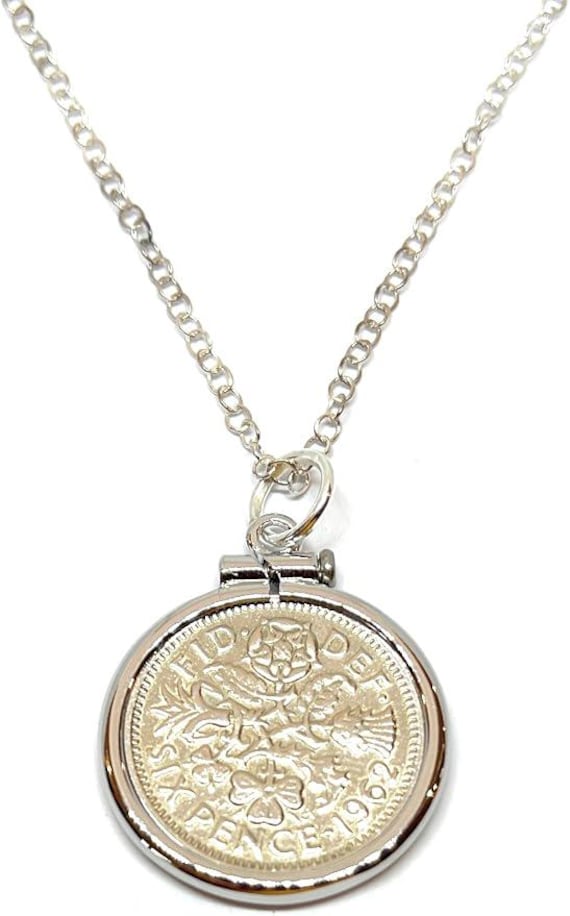 1962 Sixpence Coin Pendant Solid Cinch: 64th Birthday Gift, Sterling Silver Chain