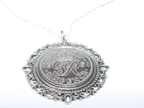 Fancy Pendant 1951 Lucky sixpence 73rd Birthday plus a Sterling Silver 18in Chain 73rd birthday gift for her, 73rd Sister, 73rd Nan Mum, Dad