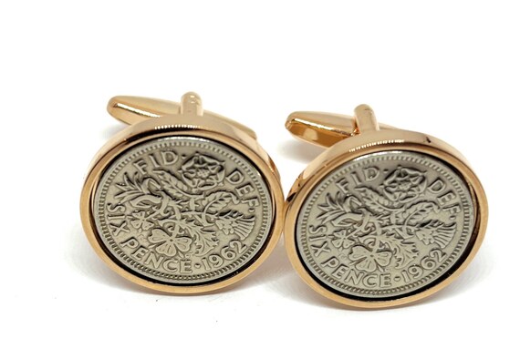 Premium 1962 Sixpence Cufflinks for a 63rd birthday.  Original British sixpences inset in Silver Plated French Cufflinks backs RGLD Mum, Dad