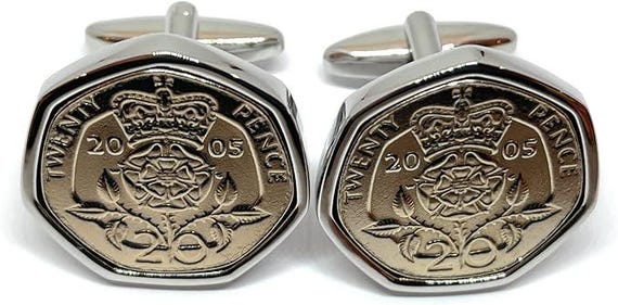 20th Birthday Gift wedding anniversary 2005 20p Cufflinks: Silver or Gold Plated backs