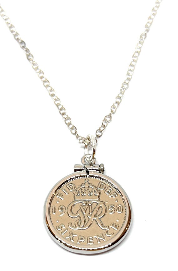 1950 75th Birthday / Anniversary sixpence coin Solid Silver Plated pendant plus Sterling Silver chain 75th birthday gift for her Mothers day