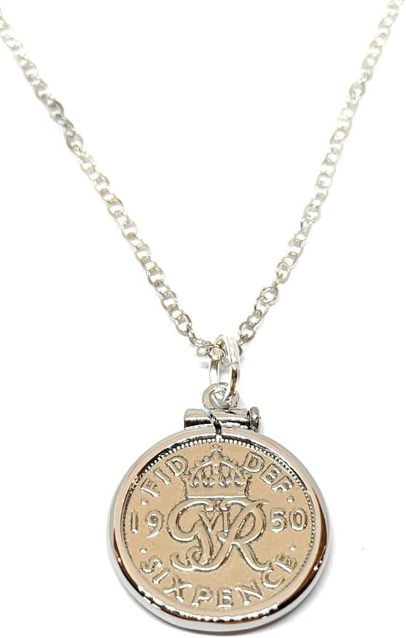 76th Birthday Gift, 1950 Sixpence Coin Pendant Solid Cinch: Sterling Silver Chain