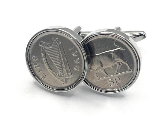 Irish Coin Cufflinks, 1996 5p Harp And Bull Design, Silver-Plated Backs