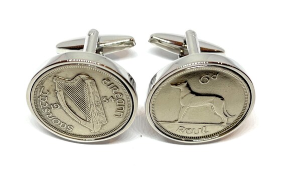 1934 Irish coin cufflinks- Great coin gift idea. Genuine Irish 3d Sixpence coin cufflink 91st birthday hare and harp SLV