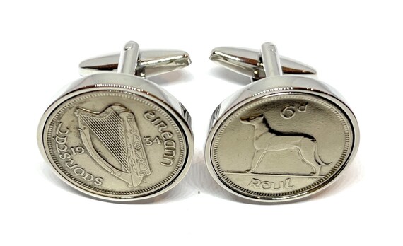 1934 Irish coin cufflinks- Great coin gift idea. Genuine Irish 3d Sixpence coin cufflink 90th birthday hare and harp SLV