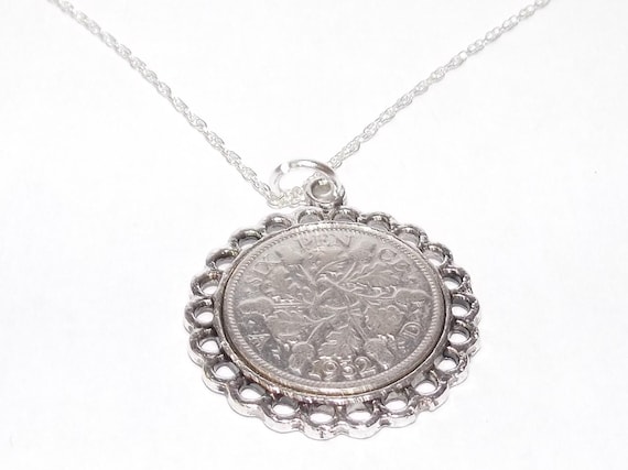 1932 Sixpence Coin Fine Pendant: 93rd Birthday Gift, Sterling Silver Chain