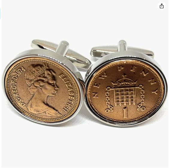 1974 50th Birthday / Anniversary one pence coin cufflinks - One pence cufflinks from 1974 for a 50th birthday Dad Uncle Husband Grandad