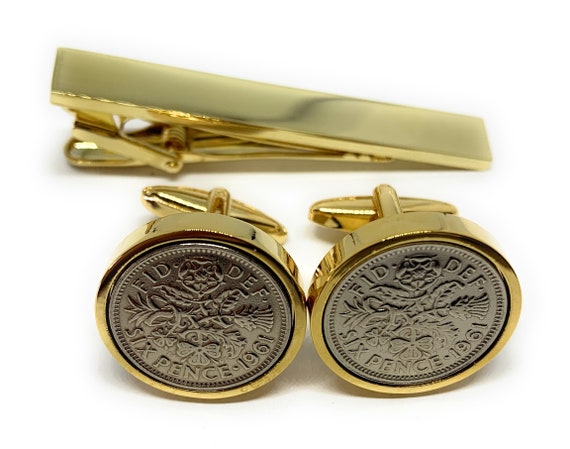 1957 Sixpence Cufflinks & Gold Tie Clip Set: 69th Birthday Gift