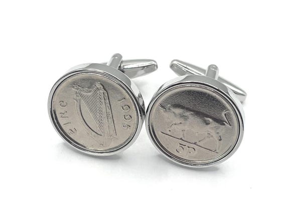 Cufflinks For Men, 1994 Irish Five Pence Coin Pair with Silver-Plated Backs