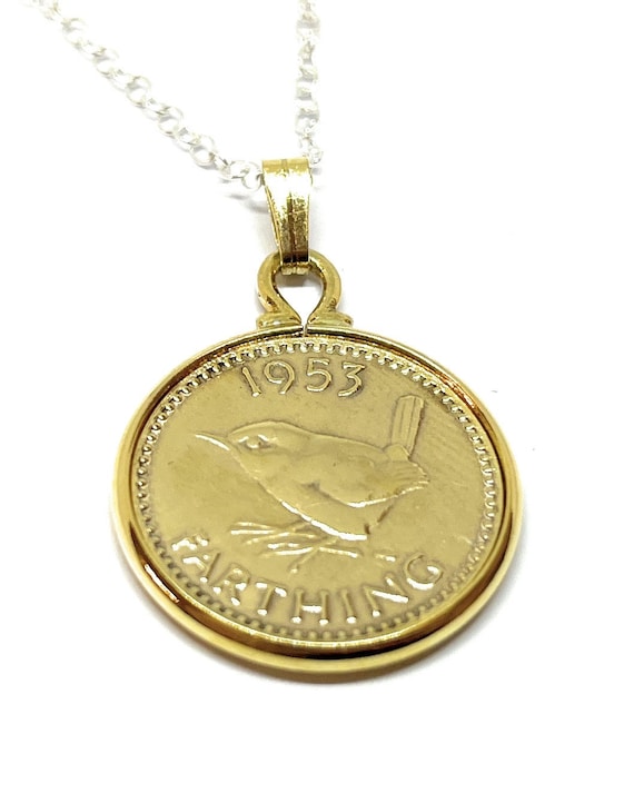 1953 72nd Birthday / Anniversary Gold Plated Farthing coin pendant plus 18inch SS chain gift 72nd birthday gift for her GLD