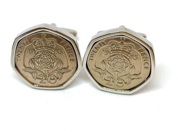 1985 40th Birthday / Anniversary 20 pence coin cufflinks - One pence cufflinks from 1985 for a 40th birthday Thinking Of You, Mum Dad SLV