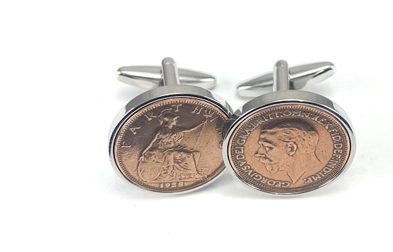 1928 Farthing Coin Cufflinks: 97th Birthday Gift, Silver, Gold or RoseGold Plated Mounts