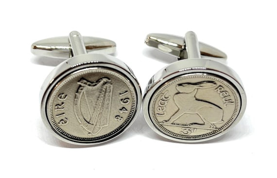 1948 Irish Threepence Coin Cufflinks 77th Birthday Gift: Silver or Gold Plated Mounts