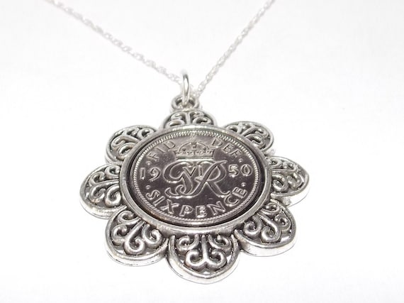 Floral Pendant 1950 Lucky sixpence 74th Birthday plus a Sterling Silver 18in Chain 74th birthday gift for her Thinking Of You, Mum Dad