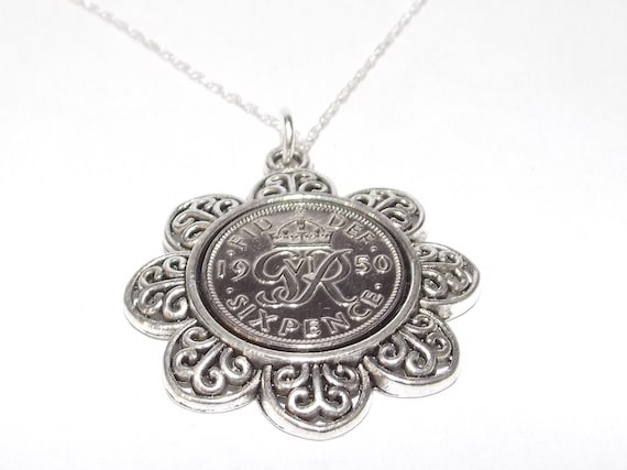Floral Pendant 1950 Lucky sixpence 75th Birthday plus a Sterling Silver 18in Chain 75th birthday gift for her Thinking Of You, Mum Dad