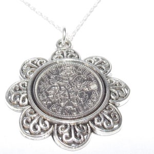 1965 Sixpence Floral Pendant: 60th Birthday Gift, Sterling Silver Chain