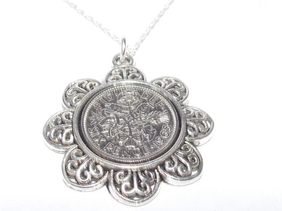 Floral Pendant 1965 Lucky sixpence 60th Birthday plus a Sterling Silver 18in Chain 60th birthday gift for her, Thinking Of You, Mum, Dad