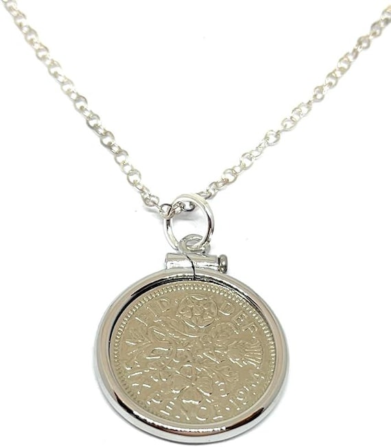 72nd Birthday Gift, 1954 Sixpence Coin Pendant Solid Cinch: Sterling Silver Chain