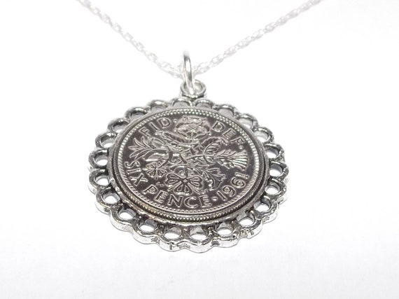 Fine Pendant 1961 Lucky sixpence 64th Birthday plus a Sterling Silver 18in Chain 64th birthday gift for her, Thinking Of You, Mum, Dad