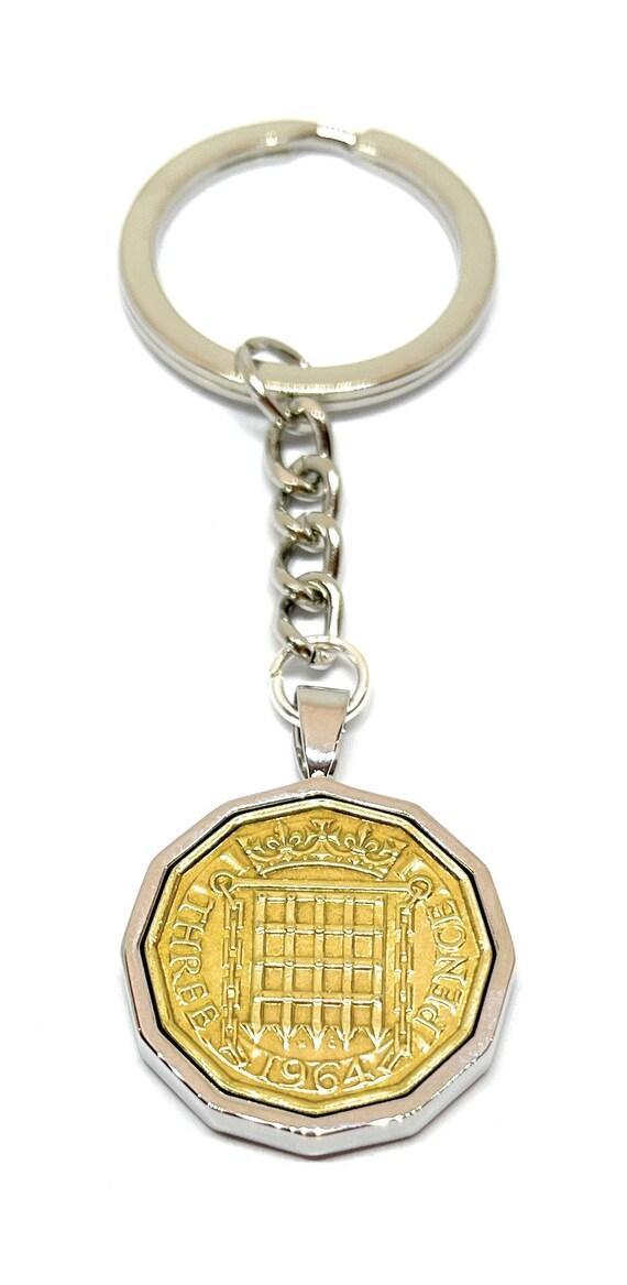 1964 Threepence Coin Keyring 62nd Birthday Gift: Silver Plated Mount