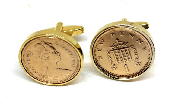 1975 50th Birthday / Anniversary Gold Plated coin cufflinks - One pence cufflinks from 1975 for a 50th birthday present  GLD
