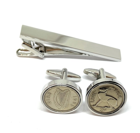 1953 Irish coin cufflinks- Great gift idea. Genuine Irish 3d threepence coin cufflink 1953 Thinking Of You, Dad Tie Clip set