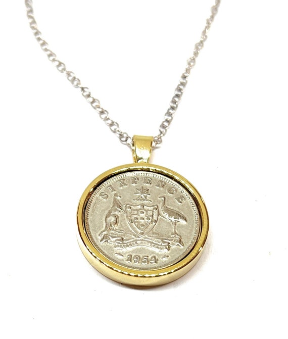 Round Pendant 1954 Lucky Australian sixpence 71st Birthday Sterling Silver  Chain 71st birthday gift for women Thinking Of You, GLD