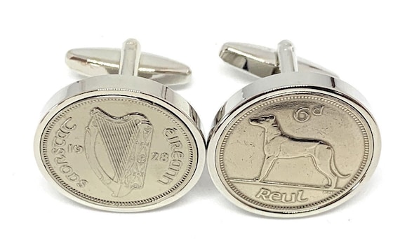 Husband Cufflinks, 1928 Irish Sixpence Coin, Silver Plated Setting