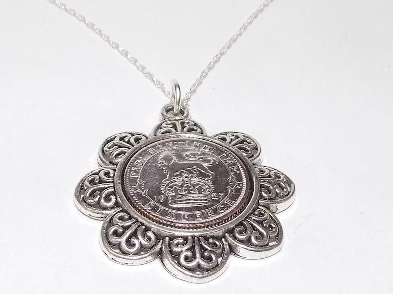 Floral Pendant 1927 Lucky sixpence 92nd Birthday plus a Sterling Silver 18in Chain 91st birthday 1927 coin pendant 1927 92nd birthday gift