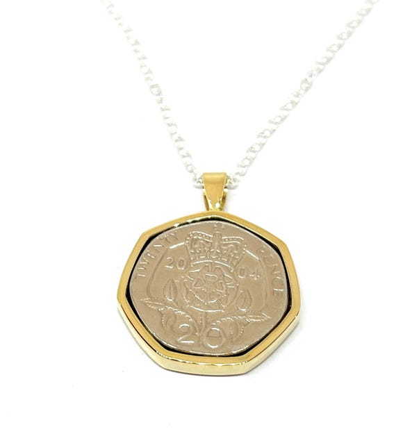 21st Birthday Twenty Pence coin Pendant from 2004 for a 21st Birthday gift idea Gift for her Gld