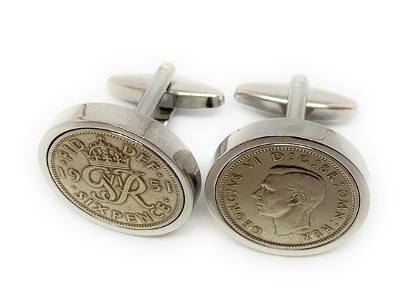 Premium 1951 Sixpence Cufflinks for a 74th birthday.  Original British sixpences from 1951 74th Birthday Dad Brother Husband Fathers Day HT