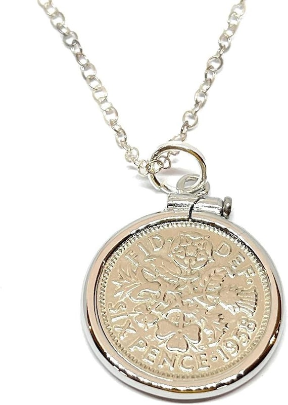 68th Birthday Gift, 1958 Sixpence Coin Pendant Solid Cinch: Sterling Silver Chain