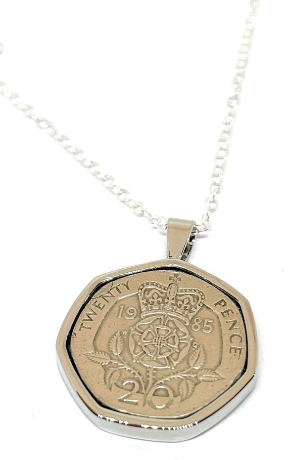 1985 40th Birthday / Anniversary 20 pence coin Pendant - Coins from 1985 for a 40th birthday present Thinking Of You, SLV