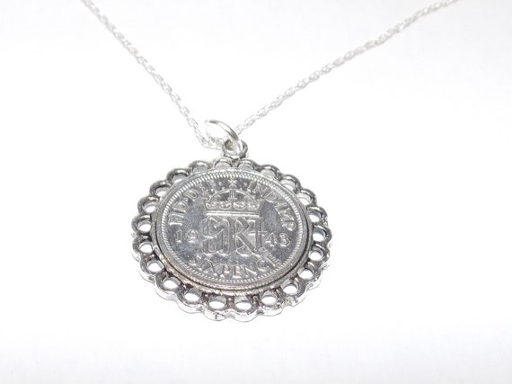 Fine Pendant 1943 Lucky sixpence 82nd Birthday plus a Sterling Silver 18in Chain 82nd birthday gift for her, Thinking Of You, Mum, Dad