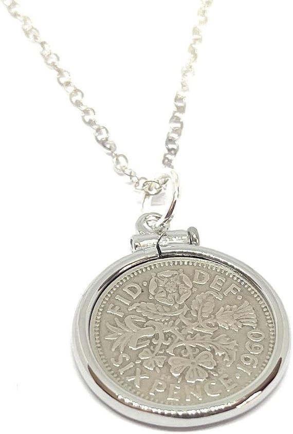 66th Birthday Gift, 1960 Sixpence Coin Pendant Solid Cinch: Sterling Silver Chain