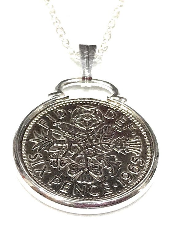 1965 Sixpence Coin Pendant: 60th Birthday Gift, Sterling Silver Chain