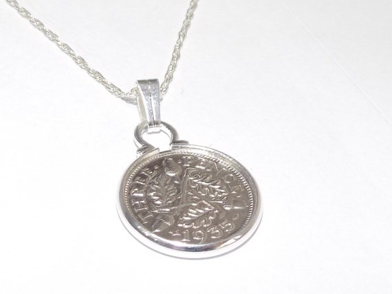 1935 89th Birthday / Anniversary 3D Threepence coin pendant plus 18inch SS chain 89th birthday, 89th birthday gift, 89th gift, 1935 gift,